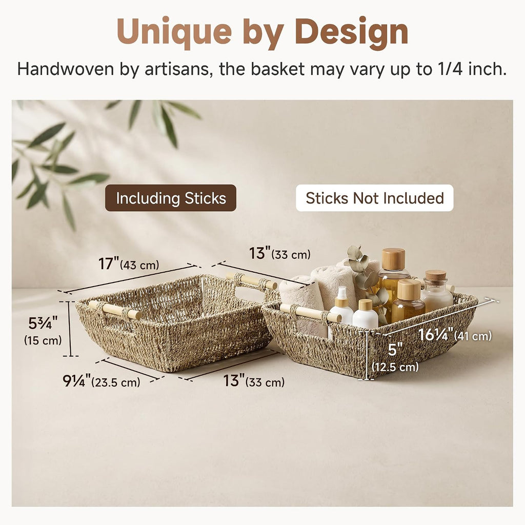 Jumbo Seagrass Baskets Wooden Handles 2 Pack Organizers