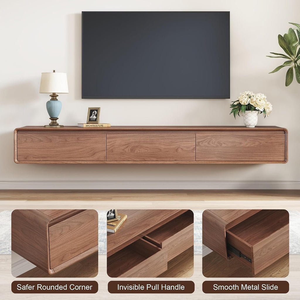 Walnut Floating TV Stand Three Drawer Media Console