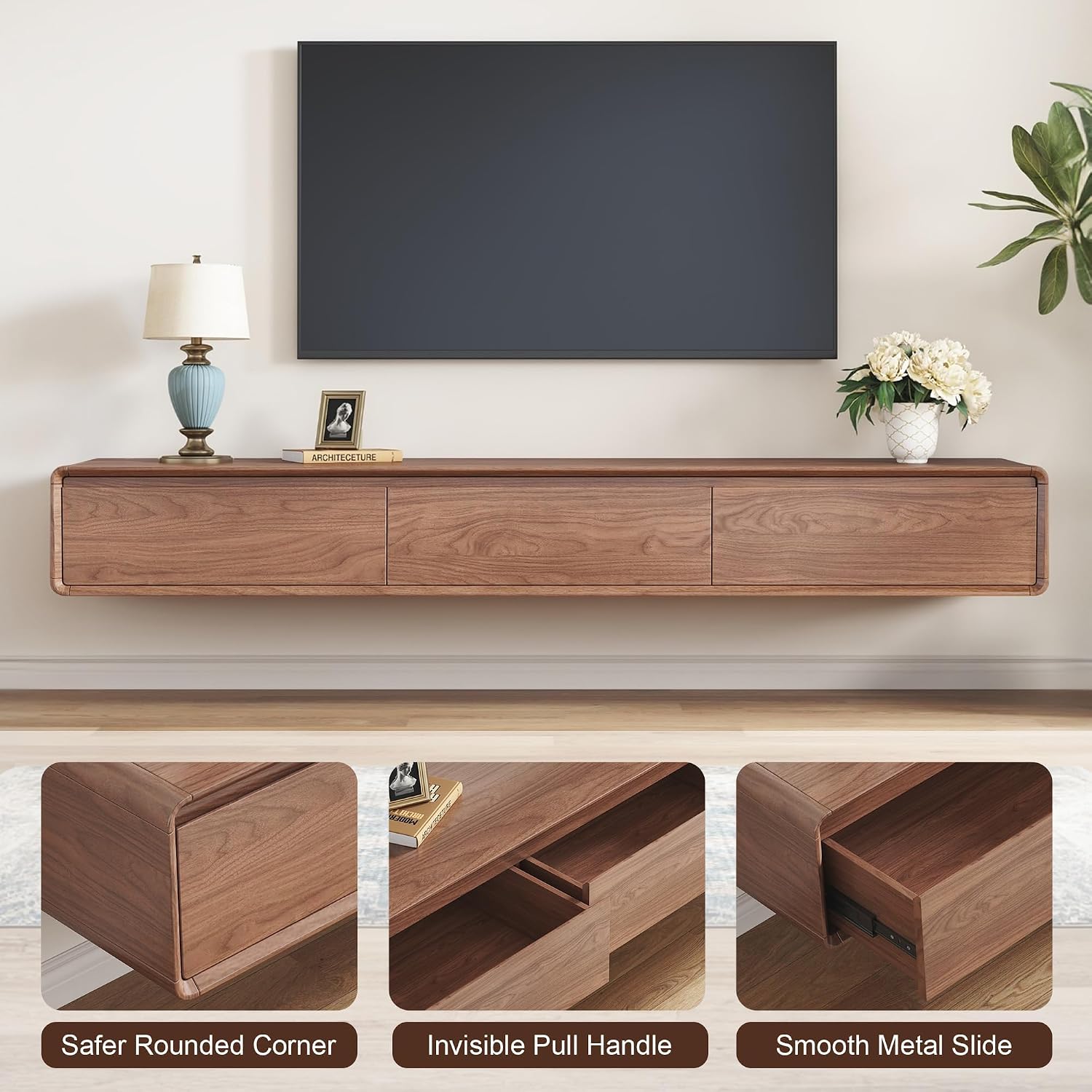 Walnut Floating TV Stand Three Drawer Media Console