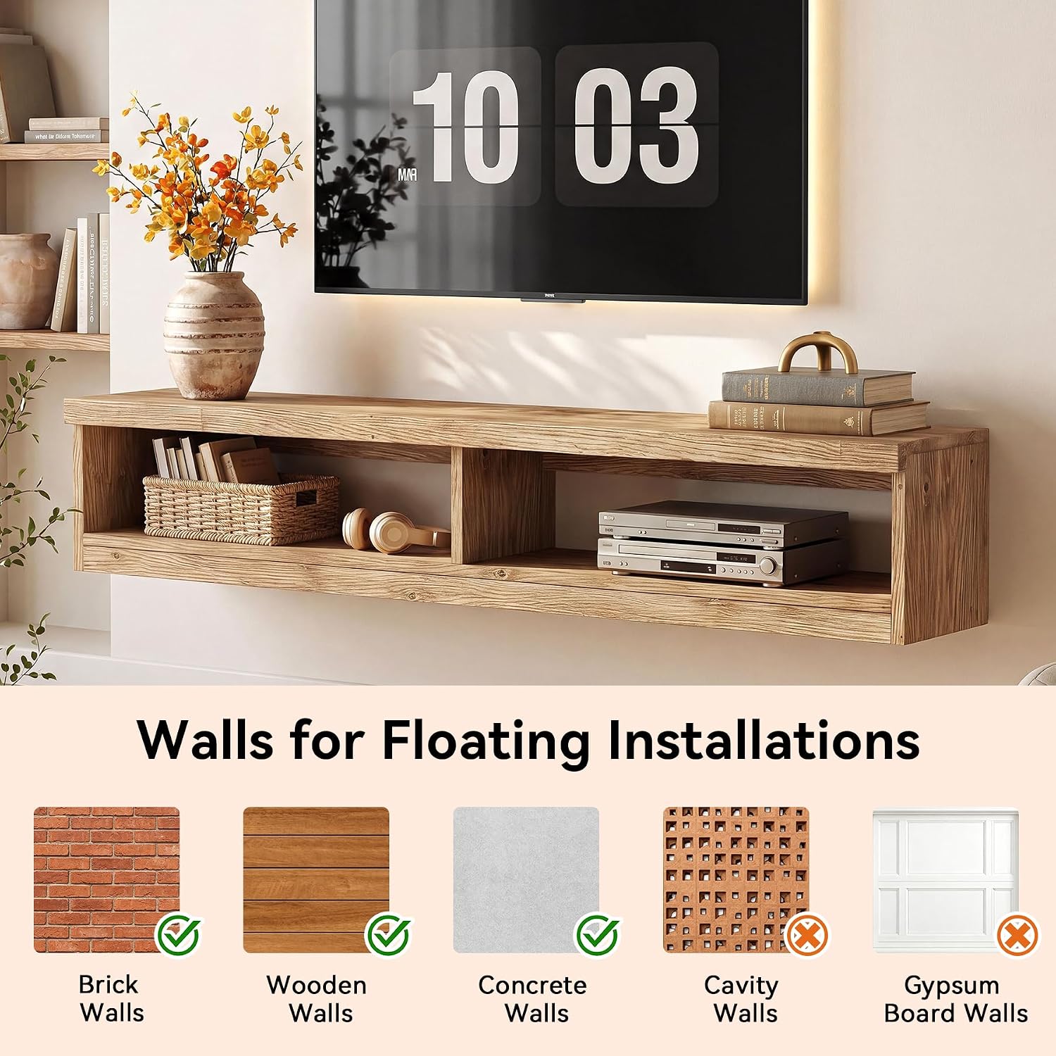 Brown Farmhouse Wood Floating TV Media Console