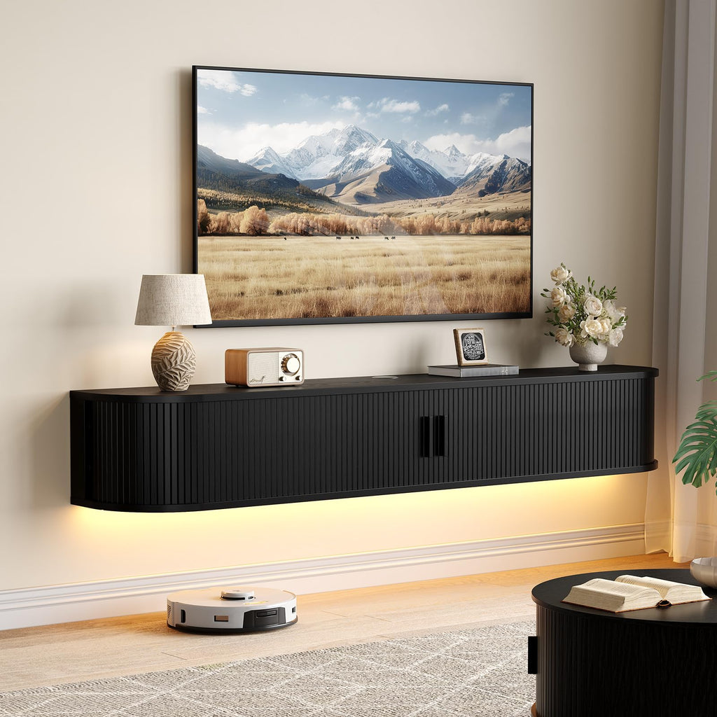 Walnut Fluted LED TV Stand Power Outlet Console