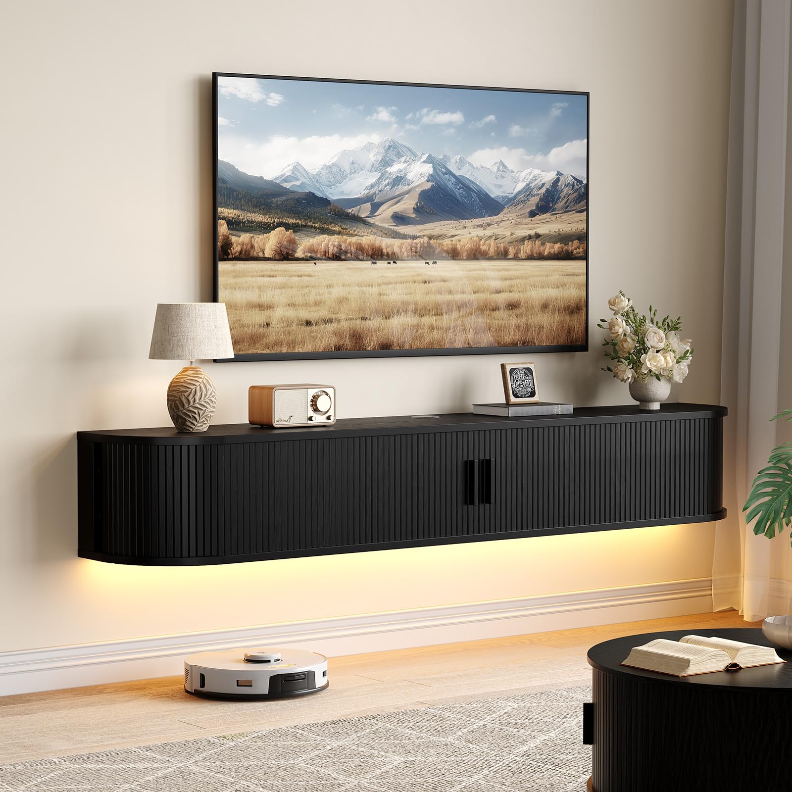 Walnut Fluted LED TV Stand Power Outlet Console