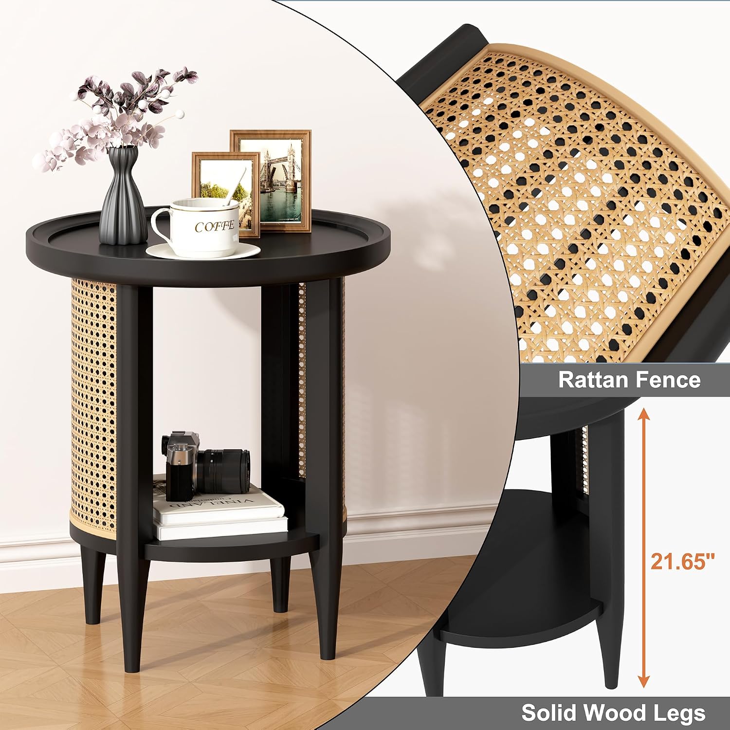 Black Rattan Round Side Table 2 Tier Home Furniture