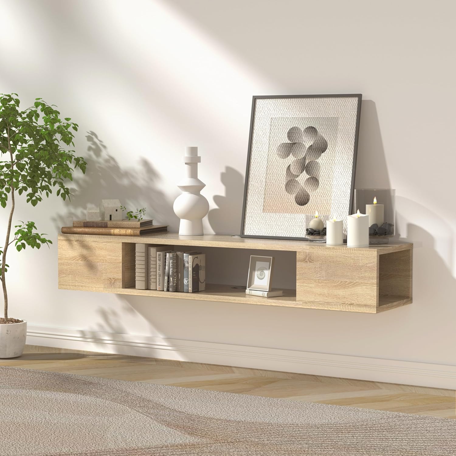 Oak Floating Wall TV Console Storage Cabinet Shelf