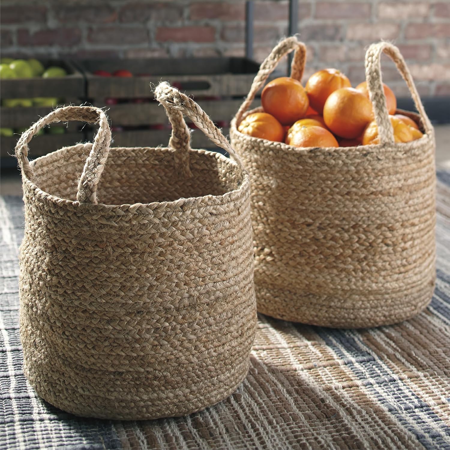 Brown Braided Jute Baskets 2 Pack Rustic Storage Organizers