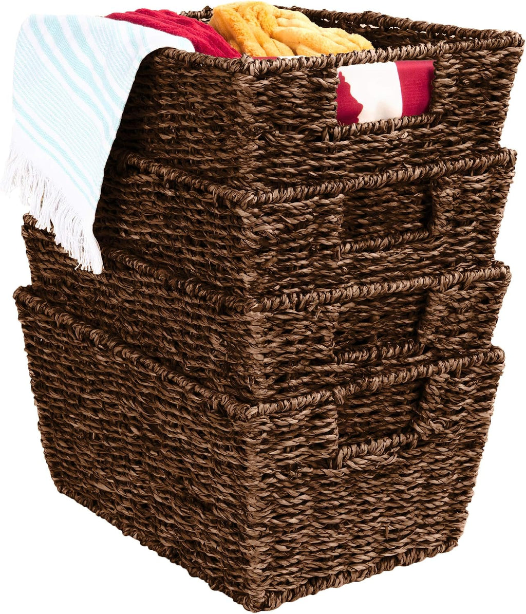Brown Handwoven Seagrass Baskets 4 Pack Storage Totes