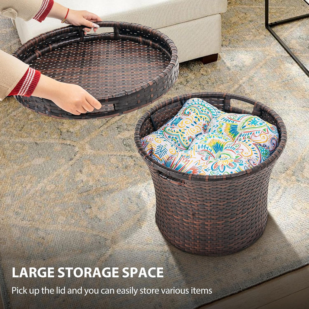 Brown Rattan Storage Side Table Steel Frame Patio Furniture