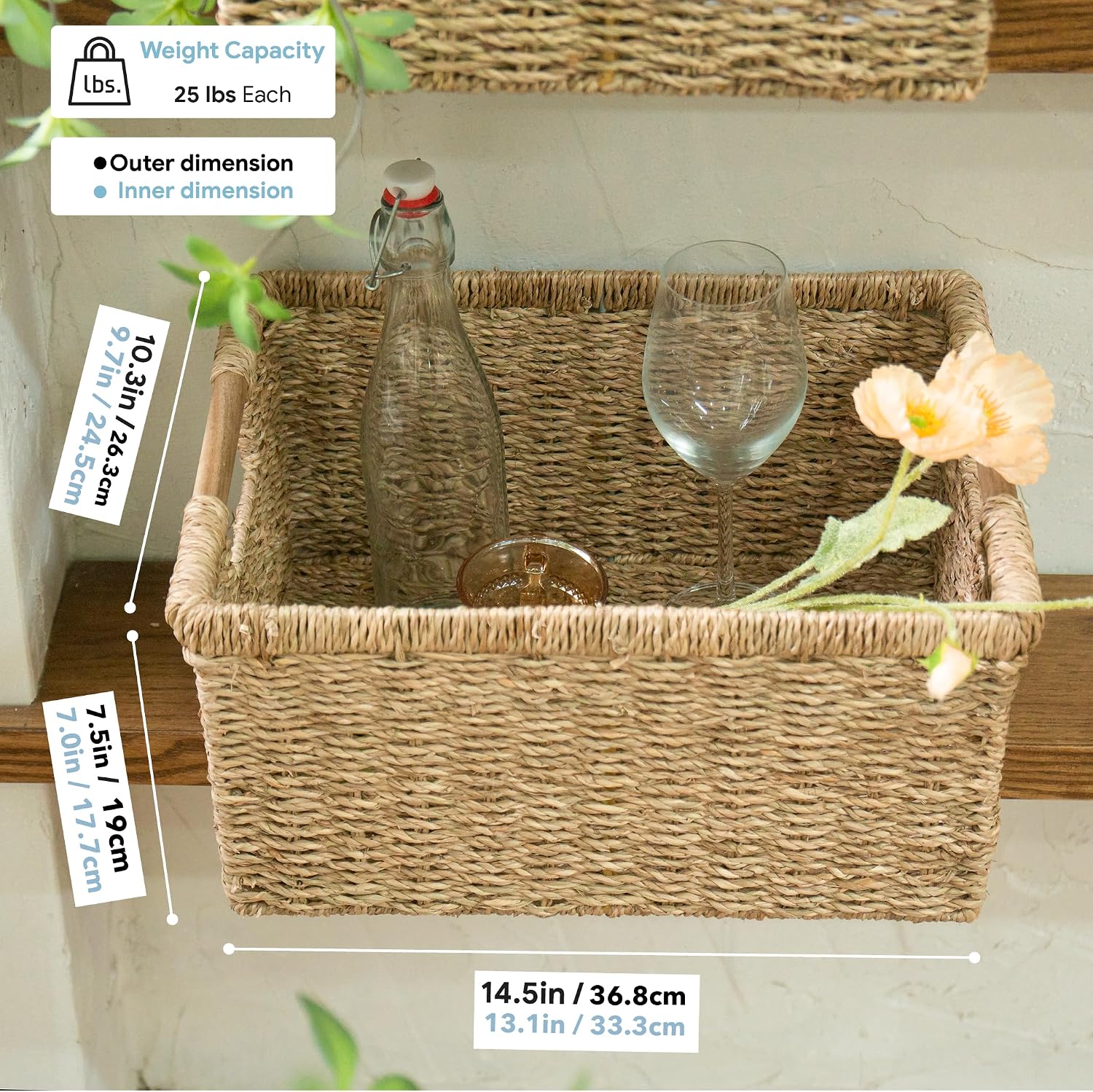 Natural Seagrass Bin Wooden Handles Shelf Storage Basket