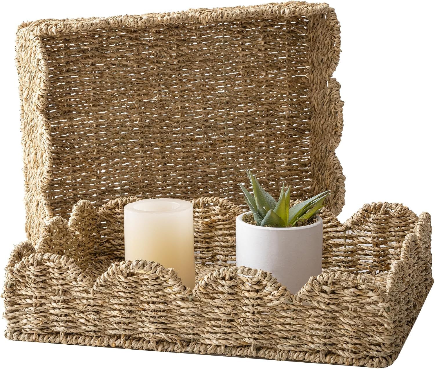 Scalloped Seagrass Trays 2 Pack Shelf Storage Baskets