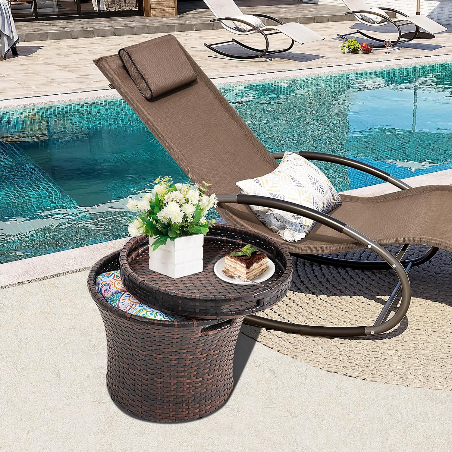 Brown Rattan Storage Side Table Steel Frame Patio Furniture