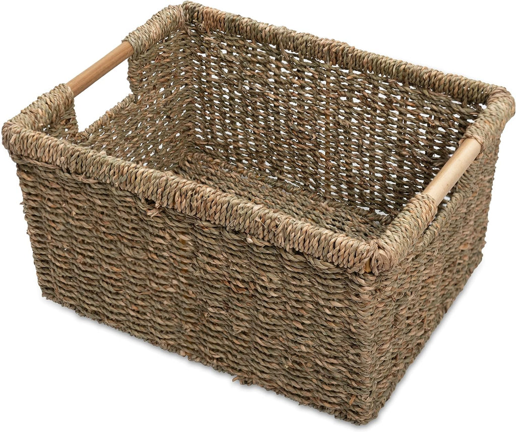 Natural Seagrass Bin Wooden Handles Shelf Storage Basket