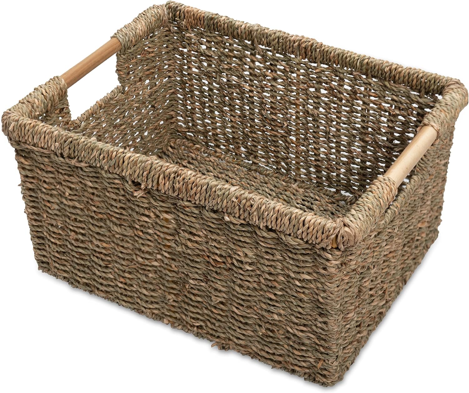 Natural Seagrass Bin Wooden Handles Shelf Storage Basket