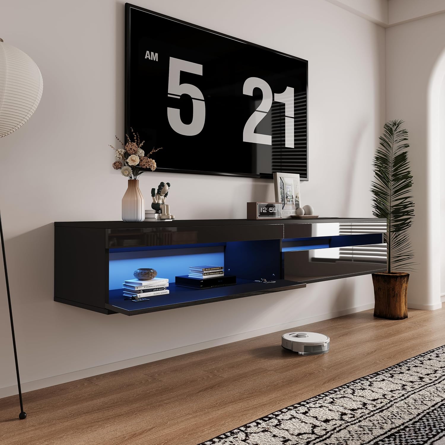 Floating LED TV Stand Power Outlet Wood Console