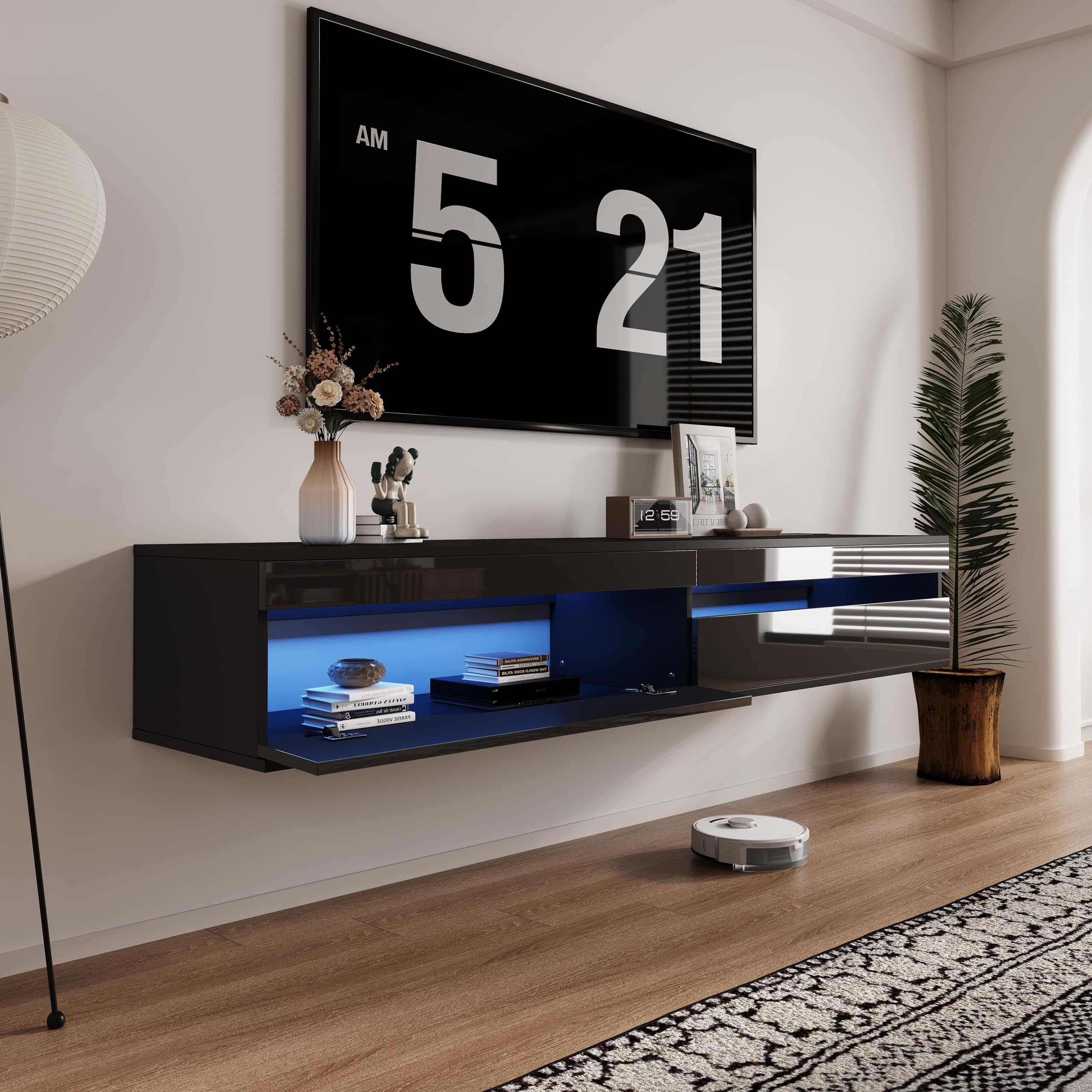 Floating LED TV Stand Power Outlet Wood Console