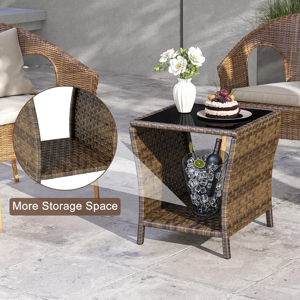 Rattan Glass Top Side Table Storage Patio Garden Furniture