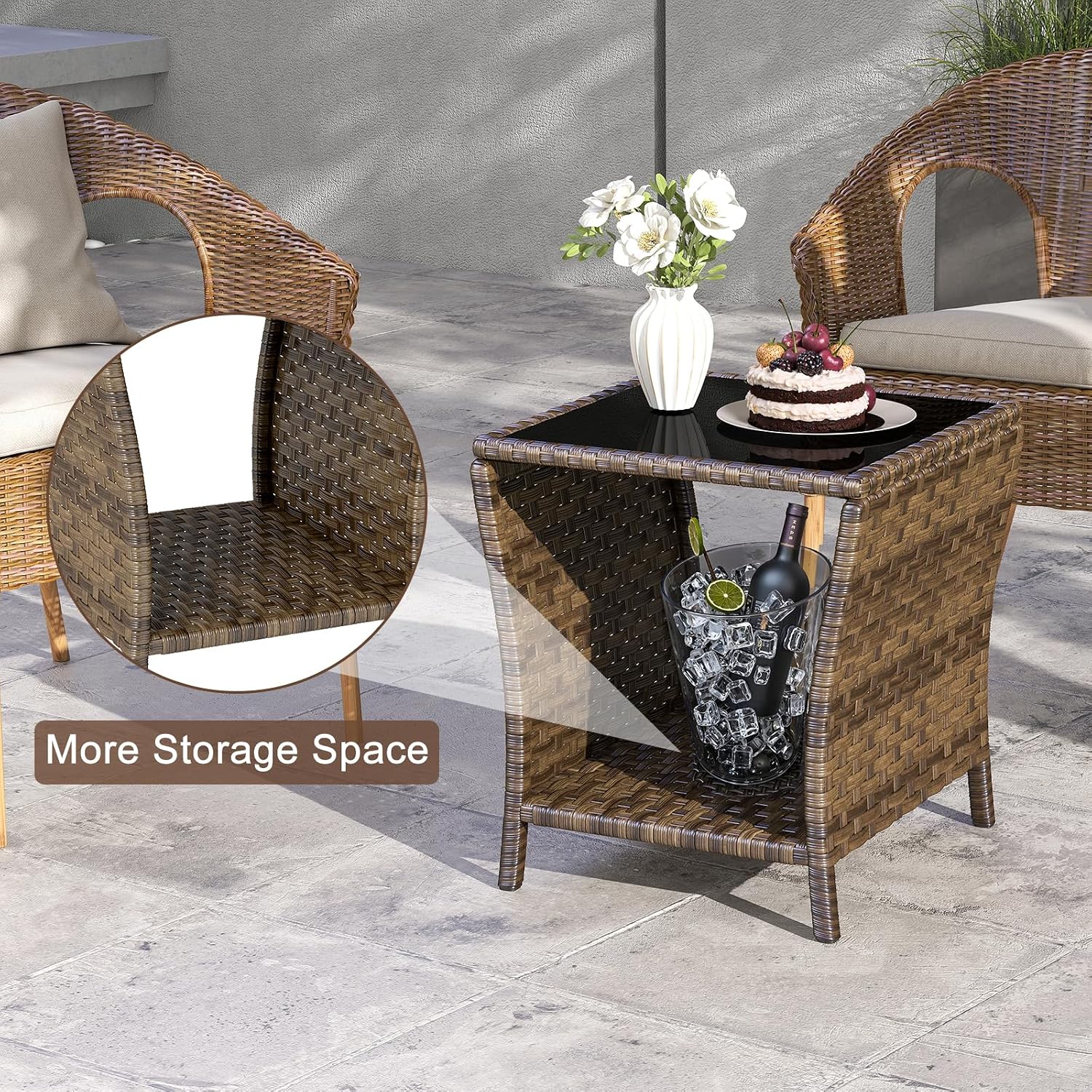Rattan Glass Top Side Table Storage Patio Garden Furniture