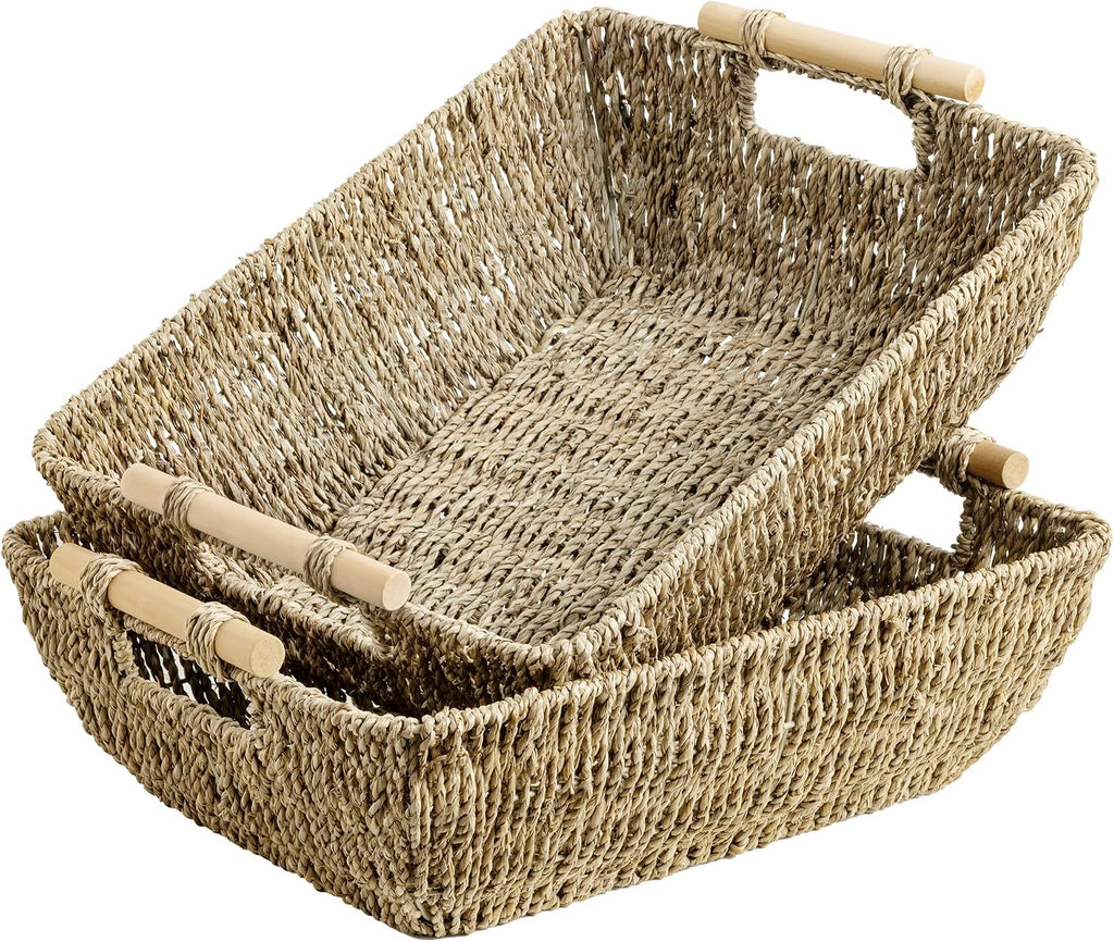 Jumbo Seagrass Baskets Wooden Handles 2 Pack Organizers