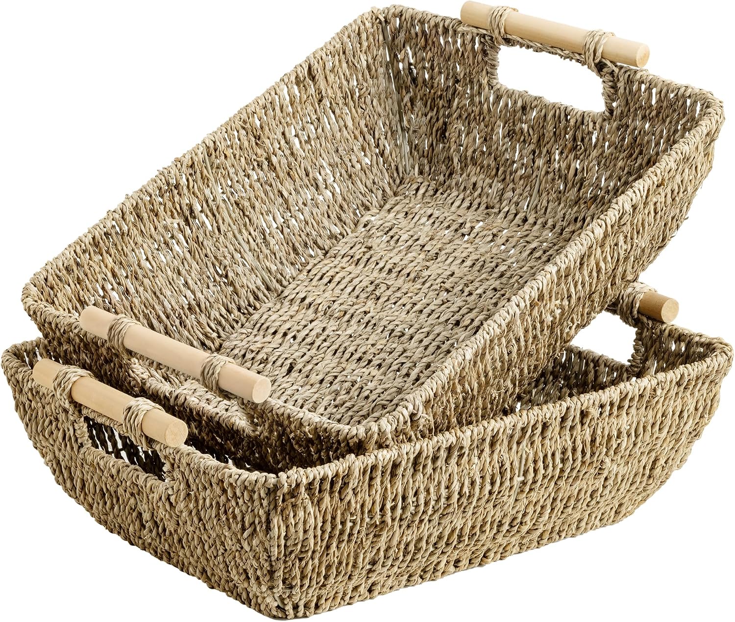 Jumbo Seagrass Baskets Wooden Handles 2 Pack Organizers